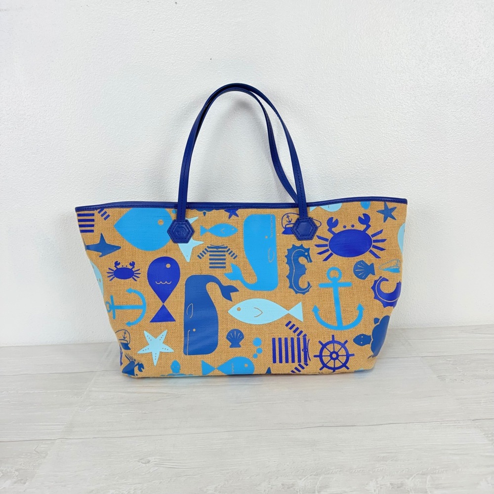 Jonathan Adler Tote Beach Bag Jute L Blue Nautical Coastal Summer Vacation